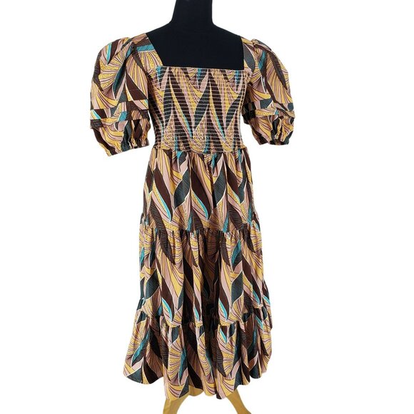 Autumn Adeigbo Della African Leaf Print Dress Smocked Pink Colorful - Picture 4 of 14